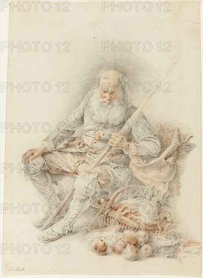 Old Man with a Basket of Fruit and Vegetables, 18th century, Jacques André Portail, French, 1695-1759, France, Black chalk and red chalk, with touches of graphite, on buff laid paper, laid down on cream laid paper, 425 × 310 mm