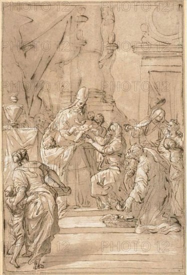 Presentation in the Temple, c. 1710, Pietro Antonio di Pietri, Italian, 1663-1716, Italy, Pen and brown ink, with brush and brown wash, heightened with white gouache, over black chalk, 407 x 272 mm