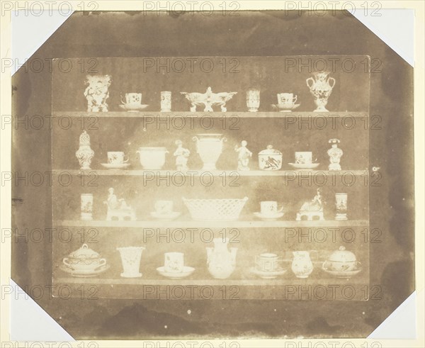 Articles of China on Four Shelves, c. 1844, William Henry Fox Talbot, English, 1800–1877, England, Salted paper print, 13.7 × 18.1 cm (image), 18.9 × 23.1 cm (paper)