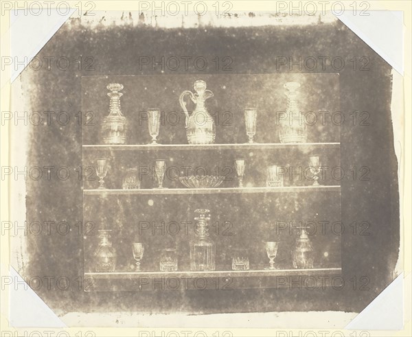 Articles of Glass on Three Shelves, c. 1844, William Henry Fox Talbot, English, 1800–1877, England, Salted paper print, 12.7 × 15.2 cm (image), 18.7 × 23.2 cm (paper)