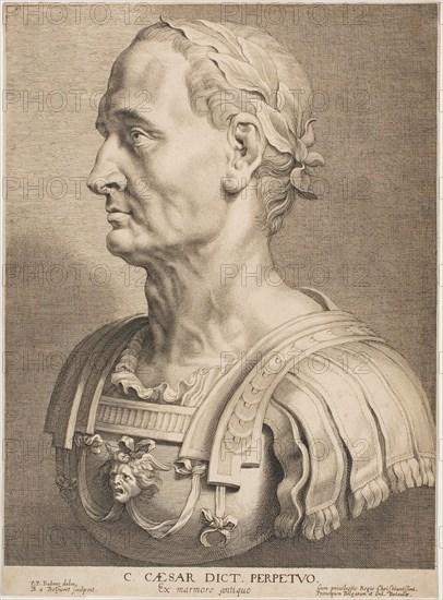 Julius Caesar, Perpetual Dictator, from Twelve Famous Greek and Roman Men, c. 1633, Boëtius Adamsz. Bolswert (Dutch, active in Flanders, 1580-1663), after Peter Paul Rubens (Flemish, 1577-1640), Flanders, Engraving on buff laid paper, 270 × 207 mm (image), 285 × 210 mm (sheet)