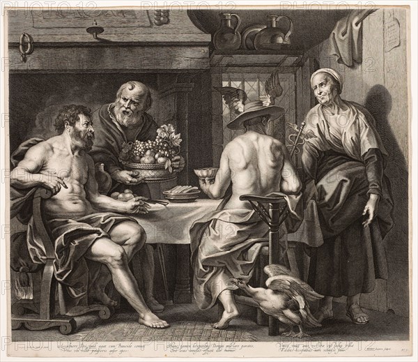 Jupiter and Mercury with Baucis and Philemon, c. 1650, Nicolaes Lauwers (Flemish, 1600-1652), after Jacob Jordaens (Flemish, 1593-1678), Flanders, Engraving on paper, 487 × 565 mm (plate), 494 × 567 mm (sheet)