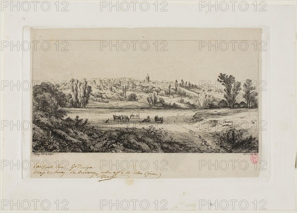 View of the Village of Limay, 1845, Eugène Blery, French, 1805-1887, France, Etching on ivory China paper collée laid down on white wove paper, 160 × 243 mm (chine collé), 218 × 308 mm (sheet)