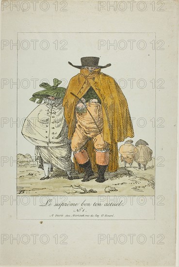 Plate One from The Supreme Current Fashion, c. 1805, Pierre Nolasque Bergeret (French, 1782-1863), printed by chez Martinet (French, 19th century), France, Lithograph in black with hand-coloring on greenish-gray laid paper, 245 × 207 mm (image), 280 × 207 mm (image and te×t), 400 × 267 mm (sheet)
