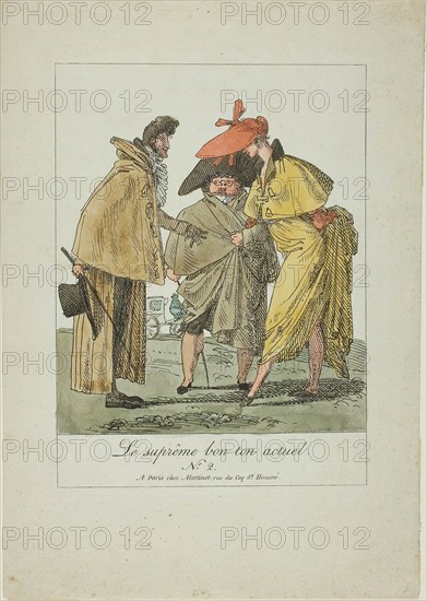 Plate Two from The Supreme Current Fashion, c. 1805, Pierre Nolasque Bergeret (French, 1782-1863), printed by chez Martinet (French, 19th century), France, Lithograph in black with hand-coloring on greenish-gray laid paper, 241 × 203 mm (image), 276 × 203 mm (imageand te×t), 391 × 278 mm (sheet)