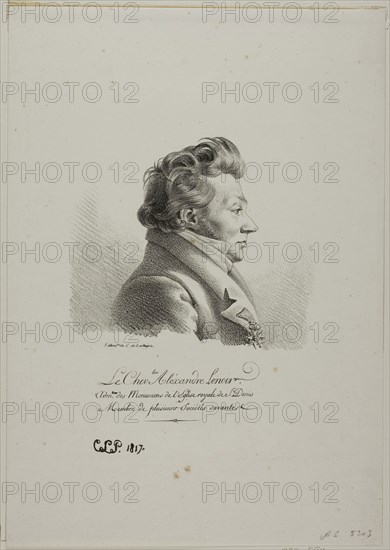Portrait of Chevalier Alexandre Lenoir, 1817, Charles Edward Crespi Le Prince (French, 1784-1855), printed by Comte de Charles Philibert Lasteyrie du Saillant (French, 1759-1849), France, Lithograph in black on ivory wove paper, 116 × 136 mm (image), 294 × 207 mm (sheet)