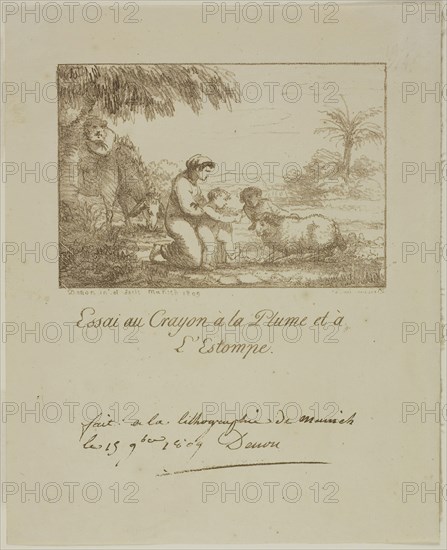 The Holy Family, 1809, Dominique-Vivant Denon, French, 1747-1825, France, Lithograph in brown on ivory laid paper, 96 × 141 mm (image), 230 × 187 mm (sheet)