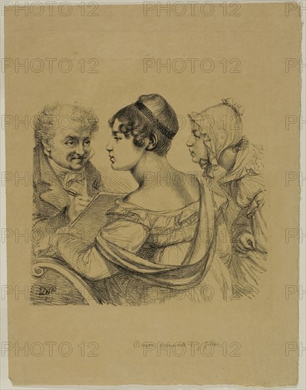 Self-Portrait with Two Young Ladies, c. 1816–17, Dominique-Vivant Denon, French, 1747-1825, France, Lithograph in black on tan wove paper, 166 × 186 mm (image), 299 × 227 mm (sheet)