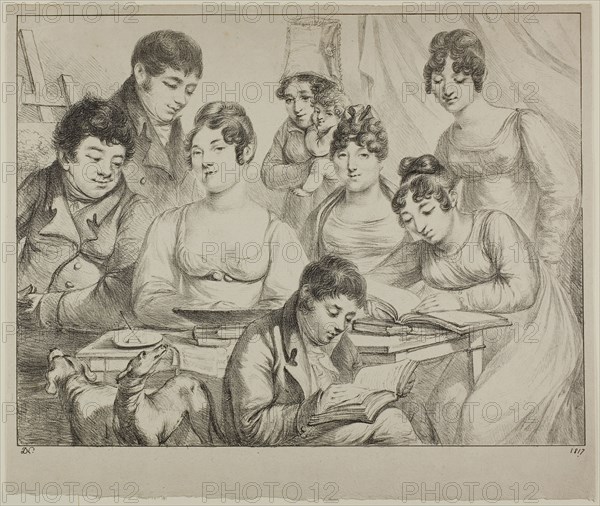 Conversation, a Family Drawing and Reading, the Nurse Holding an Infant, a Portrait of Prince Edmond de Beauvau Behind a Chair, and Portraits of Madame Lavallée and Madame Vallory, Both Seated, 1817, Dominique-Vivant Denon, French, 1747-1825, France, Lithograph in black on pale gray laid paper, 280 × 368 mm (image), 320 × 380 mm (sheet)
