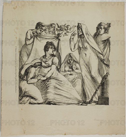 Love Tormented by Considerations Great and Small, 1817–20, Dominique-Vivant Denon, French, 1747-1825, France, Lithograph (pen and ink style and crayon style) in black on cream wove paper, 231 × 244 mm (image), 362 × 335 mm (sheet)