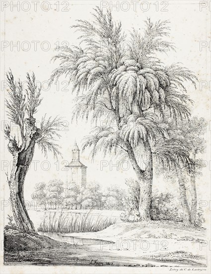 Landscape with Steeple, 1817, Louis Faure (French, 1785-1879), printed by Comte de Charles Philibert Lasteyrie du Saillant (French, 1759-1849), France, Lithograph in black on ivory wove paper, 284 × 221 mm (image), 384 × 273 mm (sheet)
