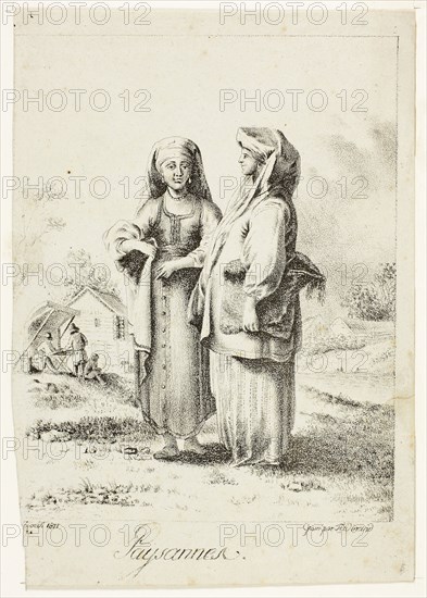 Peasants, August 1811, Ferdinand, French, 19th century, France, Lithograph in black, with another lithograph, verso, on greenish-ivory wove paper, 184 × 145 mm (image), 217 × 154 mm (sheet)