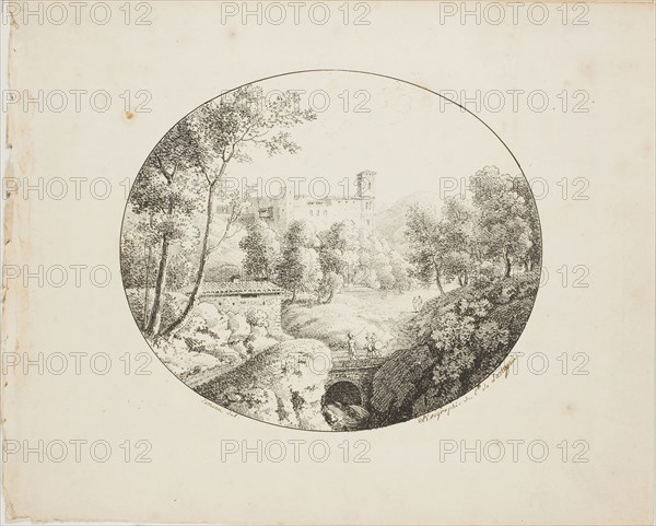 Landscape in an Oval, 1817–21, Lameau (French, active 1803-1822), printed by Comte de Charles Philibert Lasteyrie du Saillant (French, 1759-1849), France, Lithograph in black on ivory wove paper, 147 × 171 mm (image), 214 × 265 mm (sheet)