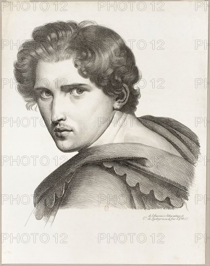 Expressive Head, 1816/18, Artist unknown (French, early 19th century), printed by Comte de Charles Philibert Lasteyrie du Saillant (French, 1759-1849), France, Lithograph in black on ivory wove paper, 447 × 402 mm (image), 559 × 442 mm (sheet)