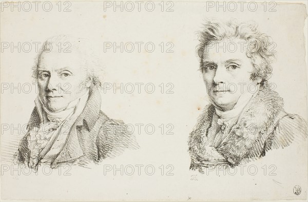 Self-Portrait in a Dark Cloth Coat and Self-Portrait in a Fur-Collared Coat, c. 1817, Jean Antoine Laurent (French, 1763-1832), printed by Comte de Charles Philibert Lasteyrie du Saillant (French, 1759-1849), France, Two lithographs in black from two stones on ivory laid paper, 117 × 120 mm (image, left), 136 × 102 mm (image, right), 170 × 261 mm (sheet)