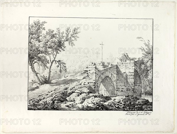 Landscape with Bridge, 1817, Achille Etna Michallon (French, 1796-1822), printed by Comte de Charles Philibert Lasteyrie du Saillant (French, 1759-1849), France, Lithograph in black on ivory wove paper, 193 × 258 mm (image), 270 × 359 mm (sheet)