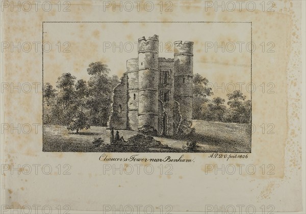 Chaucer’s Tower Near Benham, 1806, Antoine Philippe d’Orléans, French, 1775-1807, France, Two lithographs in black on cream wove paper, printed on the same sheet, 161 × 258 mm (image), 485 × 367 mm (sheets)