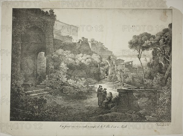 View From the Second Terrace of the Villa d’est at Tivoli, 1817, Claude Thiénon (French, 1772-1846), printed by Comte de Charles Philibert Lasteyrie du Saillant (French, 1759-1849), France, Lithograph in black on ivory wove paper, 280 × 399 mm (image), 335 × 450 mm (sheet)
