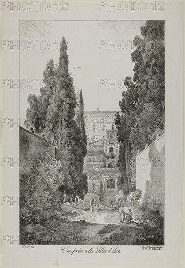 View of the Villa d’Este, 1817, Claude Thiénon (French, 1772-1846), printed by Comte de Charles Philibert Lasteyrie du Saillant (French, 1759-1849), France, Lithograph in black on ivory wove paper, 418 × 272 mm (image), 485 × 332 mm (sheet)