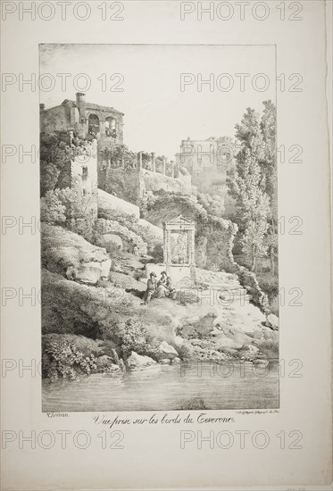 View From the Banks of the Teverone, 1817, Claude Thiénon (French, 1772-1846), printed by Comte de Charles Philibert Lasteyrie du Saillant (French, 1759-1849), France, Lithograph in black on ivory wove paper, 414 × 267 mm (image), 553 × 374 mm (sheet)