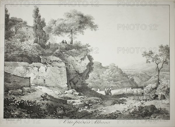 View of Albano, 1817, Claude Thiénon (French, 1772-1846), printed by Comte de Charles Philibert Lasteyrie du Saillant (French, 1759-1849), France, Lithograph in black on ivory wove paper, 202 × 293 mm (image), 223 × 307 mm (sheet)
