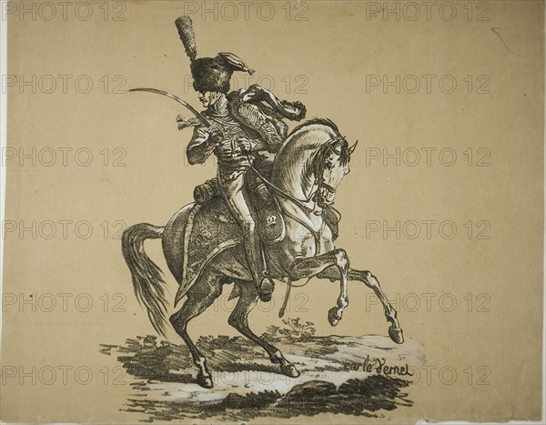Royal Guard, Mounted Hussard and Horse, No. 6, c. 1818, Carle Vernet (French, 1758-1836), printed by Comte de Charles Philibert Lasteyrie du Saillant (French, 1759-1849), France, Lithograph in black, hand-colored and heightened with Chinese white, on tan wove paper, 270 × 218 mm (image), 281 × 358 mm (sheet)