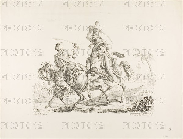Hussard Killing a Mameluk with a Sabre, February 8, 1817, Carle Vernet (French, 1758-1836), printed by Comte Charles Philibert de Lasteyrie (French, 1759-1849), France, Lithograph in black on ivory wove paper, 313 × 402 mm (image), 457 × 599 mm (sheet)