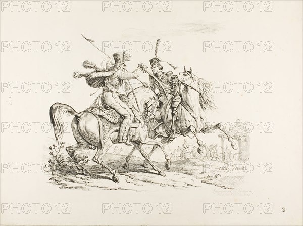 Hussard Killing a Cossack with a Sabre, February 21, 1817, Carle Vernet (French, 1758-1836), printed by Comte Charles Philibert de Lasteyrie (French, 1759-1849), France, Lithograph in black on ivory wove paper, 332 × 405 mm (image), 438 × 591 mm (sheet)