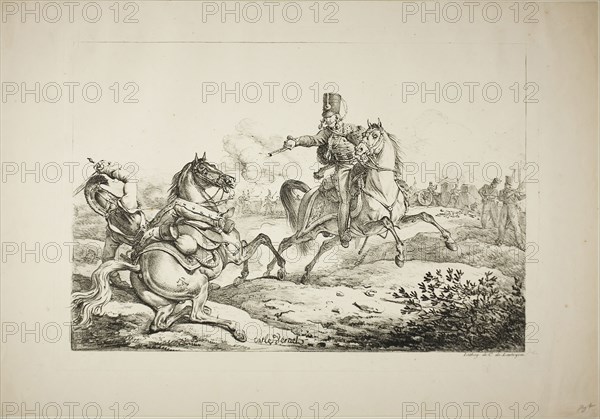 Hussar Discharging his Pistol at a German Dragoon, 1817, Carle Vernet (French, 1758-1836), printed by Comte Charles Philibert de Lasteyrie (French, 1759-1849), France, Lithograph in black on ivory wove paper, 256 × 380 mm (image), 344 × 496 mm (sheet)