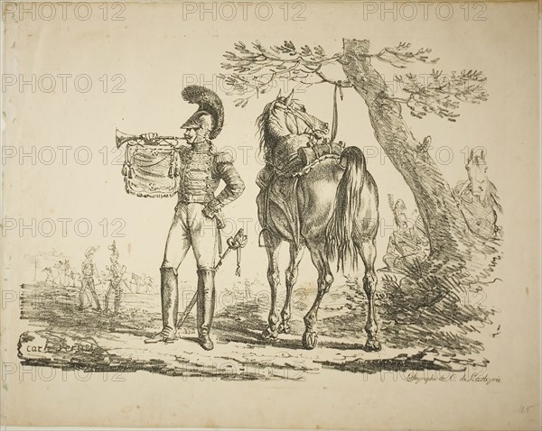 Trumpeter of the Riflemen, March 26, 1817, Carle Vernet (French, 1758-1836), printed by Comte de Charles Philibert Lasteyrie du Saillant (French, 1759-1849), France, Lithograph in black on tan wove paper, 230 × 320 mm (image), 284 × 357 mm (sheet)