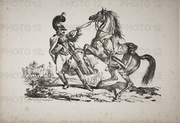Cuirassier on Foot Holding back his Rearing Horse, February 20, 1817, Carle Vernet (French, 1758-1836), printed by Comte de Charles Philibert Lasteyrie du Saillant (French, 1759-1849), France, Lithograph in black on ivory wove paper, 207 × 305 mm (image), 267 × 388 mm (sheet)
