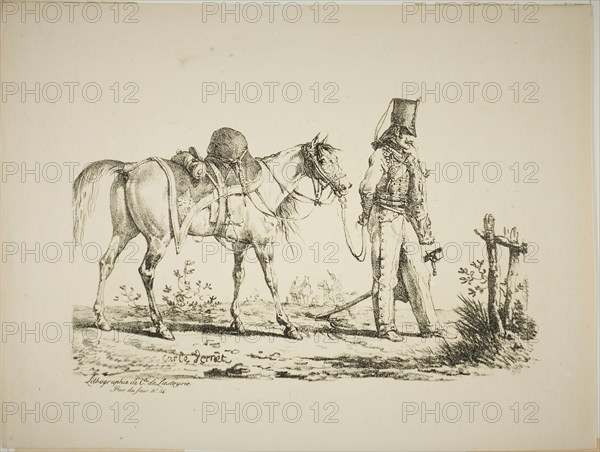 Hussard Walking in Front of his Horse, Smoking a Pipe, February 8, 1817, Carle Vernet (French, 1758-1836), printed by Comte de Charles Philibert Lasteyrie du Saillant (French, 1759-1849), France, Lithograph in black on cream wove paper, 175 × 289 mm (image), 276 × 366 mm (sheet)