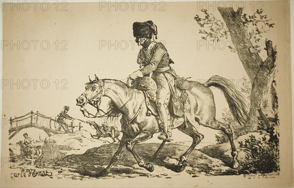Artilleryman on Horseback, 1817, Carle Vernet (French, 1758-1836), printed by Comte Charles Philibert de Lasteyrie (French, 1759-1849), France, Lithograph in black on tan wove paper, 212 × 341 mm (image), 236 × 368 mm (sheet)