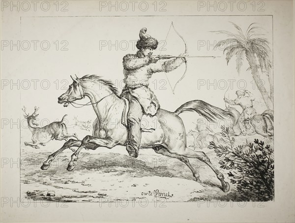 Kalmouk Archers Hunting Deer, c. 1820, Carle Vernet (French, 1758-1836), printed by Comte Charles Philibert de Lasteyrie (French, 1759-1849), France, Lithograph in black on ivory wove paper, 256 × 347 mm (image), 306 × 401 mm (sheet)