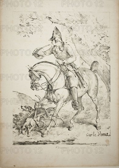 Mounted Huntsman Sounding a Horn, c. 1818, Carle Vernet (French, 1758-1836), printed by Comte de Charles Philibert Lasteyrie du Saillant (French, 1759-1849), France, Lithograph in black on ivory wove paper, 301 × 221 mm (image), 379 × 272 mm (sheet)
