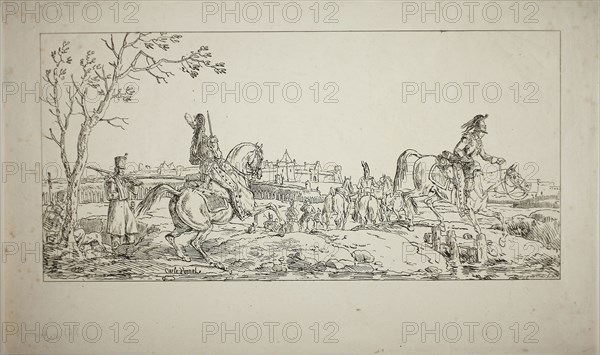 The Siege, November 1817, Carle Vernet (French, 1758-1836), printed by Comte de Charles Philibert Lasteyrie du Saillant (French, 1759-1849), France, Llithograph on ivory laid paper, 160 × 334 mm (image), 228 × 382 mm (sheet)