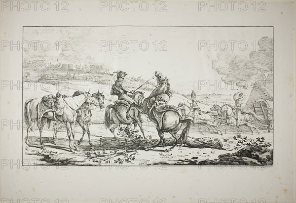 Mounted Artilleryman with Three Horses Bridled at Once, 1817, Carle Vernet (French, 1758-1836), printed by Comte Charles Philibert de Lasteyrie (French, 1759-1849), France, Lithograph in black on ivory wove paper, 238 × 428 mm (image), 342 × 505 mm (sheet)