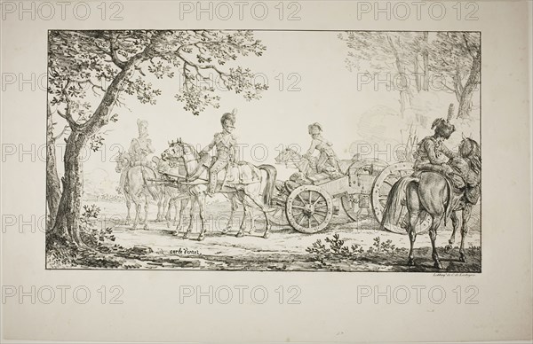 Harnessed Artillery, 1817, Carle Vernet (French, 1758-1836), printed by Comte de Charles Philibert Lasteyrie du Saillant (French, 1759-1849), France, Lithograph in black on ivory wove paper, 234 × 421 mm (image), 331 × 513 mm (sheet)