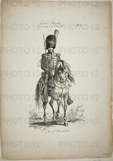 Royal Guard, Norman Mounted Grenadier and Horse, No. 1, c. 1818, Carle Vernet (French, 1758-1836), printed by Comte de Charles Philibert Lasteyrie du Saillant (French, 1759-1849), France, Lithograph in black on ivory wove paper, 270 × 151 mm (image), 426 × 300 mm (sheet)
