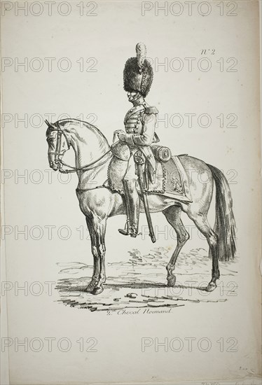 Royal Guard, Norman Mounted Soldier and Horse, No. 2, c. 1818, Carle Vernet (French, 1758-1836), printed by Comte de Charles Philibert Lasteyrie du Saillant (French, 1759-1849), France, Lithograph in black on ivory wove paper, 300 × 212 mm (image), 426 × 288 mm (sheet)