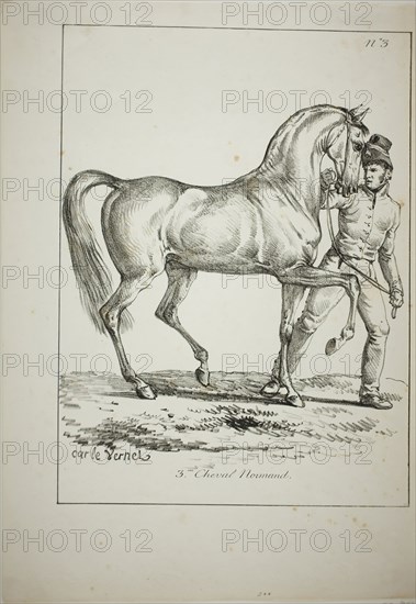 Royal Guard, Norman Cavalier, not in Full Dress, and Horse, No. 3, c. 1818, Carle Vernet (French, 1758-1836), printed by Comte de Charles Philibert Lasteyrie du Saillant (French, 1759-1849), France, Lithograph in black on ivory wove paper, 302 × 226 mm (image), 386 × 268 mm (sheet)