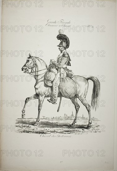 Royal Guard, Norman Mounted Light Infantryman and Horse, No. 4, c. 1818, Carle Vernet (French, 1758-1836), printed by Comte de Charles Philibert Lasteyrie du Saillant (French, 1759-1849), France, Lithograph in black on ivory wove paper, 265 × 204 mm (image), 486 × 290 mm (sheet)