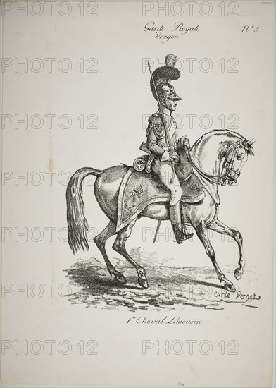 Royal Guard, Norman Mounted Dragoon and Horse, No. 5, First Limoges Horse, c. 1818, Carle Vernet (French, 1758-1836), printed by Comte de Charles Philibert Lasteyrie du Saillant (French, 1759-1849), France, Lithograph in black on ivory wove paper, 254 × 204 mm (image), 377 × 269 mm (sheet)