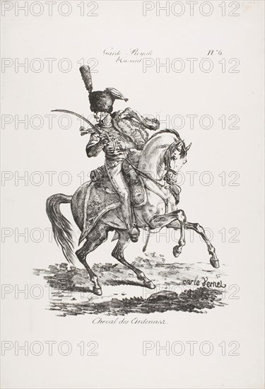 Royal Guard, Mounted Hussard and Horse No. 6, c. 1818, Carle Vernet (French, 1758-1836), printed by Comte Charles Philibert de Lasteyrie (French, 1759-1849), France, Lithograph in black on ivory wove paper, 272 × 213 mm (image), 425 × 294 mm (sheet)