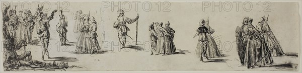 Sketches of Ladies and Gentlemen, Dancers, n.d., Imitator of Jean Antoine Watteau, French, 1684-1721, France, Pen and black ink on ivory laid paper, 64 × 272 mm