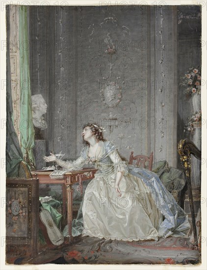 Interior with a Portrait of a Young Lady Before a Bust, 1788, Claude Hoin, French, 1750-1817, France, Gouache on vellum, laid down on cream laid paper, 279 × 210 mm
