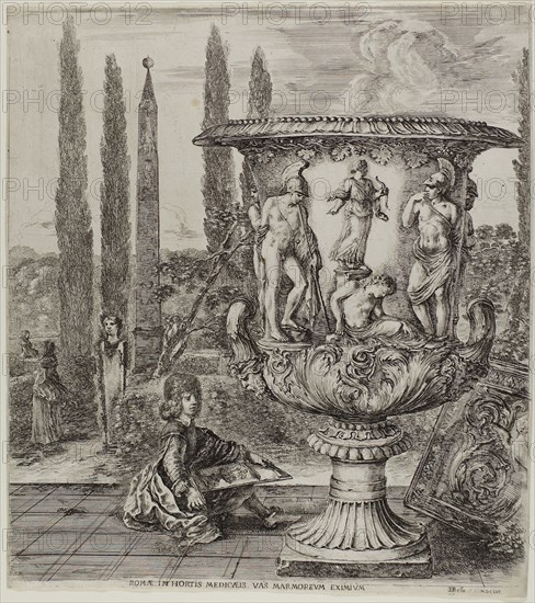 The Medici Vase, plate one from The Six Large Views of Rome and the Campagna, 1656, Stefano della Bella, Italian, 1610-1664, Italy, Etching and engraving on ivory laid paper, 303 x 272 mm (image), 309 x 275 mm (sheet, trimmed within plate)