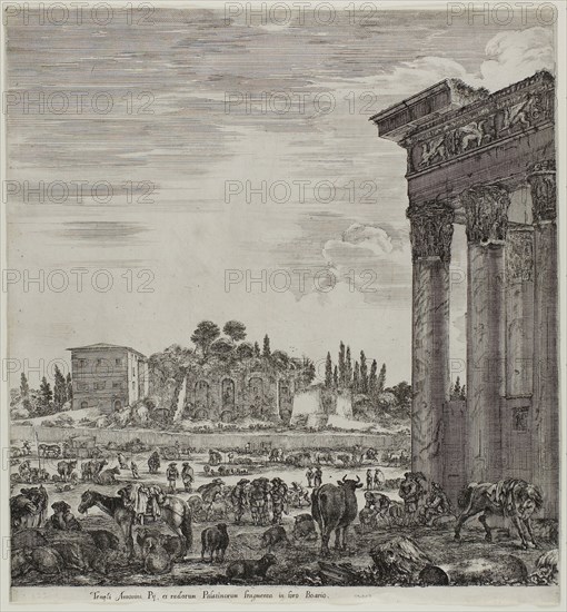 The Temple of Antonin and the Campo Vaccino, 1654, Stefano della Bella, Italian, 1610-1664, Italy, Etching on ivory laid paper, 298 x 277 mm (image), 298 x 280 mm (sheet)