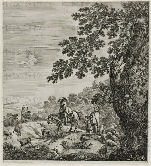 Two Riders Passing a Flock, plate five from The Six Large Views of Rome and the Campagna, 1654, Stefano della Bella, Italian, 1610-1664, Italy, Etching on ivory laid paper, 289 x 260 mm (image), 290 x 263 mm (sheet)