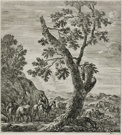 Mounted Peasant with a Child in Her Arms, plate six from The Six Large Views of Rome and the Campagna, 1654, Stefano della Bella, Italian, 1610-1664, Italy, Etching on ivory laid paper, 291 x 263 mm (image), 292 x 261 mm (sheet)